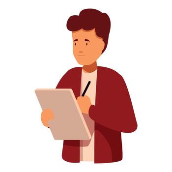 Focused student taking notes on tablet with pen during lecture or class vector