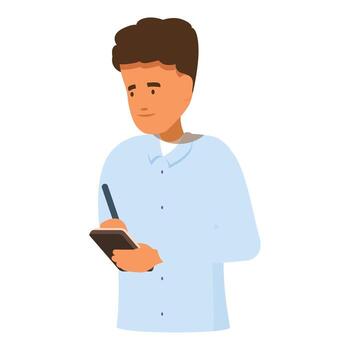 Young man taking notes with pen and notepad, concentrated student studying and learning vector