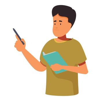 Student holding book and pointing with pen, studying and learning concepts vector