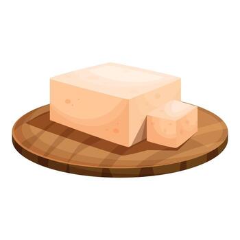 Fresh tofu block and cube resting on wooden cutting board vector