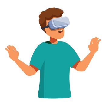 Young man exploring virtual reality using headset and engaging with digital world vector