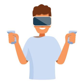 Gamer using virtual reality headset and controllers, playing videogames vector