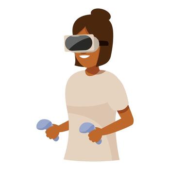 Woman using virtual reality headset and controllers, exploring metaverse vector