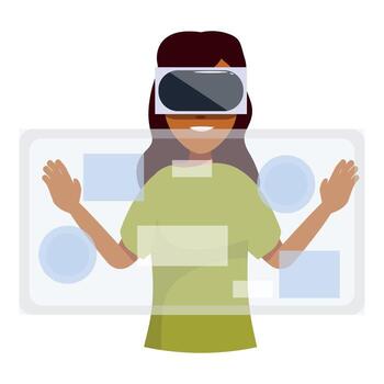 Woman using virtual reality headset and interacting with transparent digital interface vector
