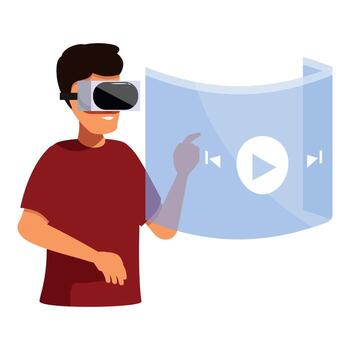 Man using virtual reality headset watching and pressing play button vector