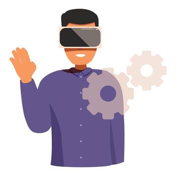 software desarrollador utilizando virtual realidad auriculares y interactuando con engranajes vector