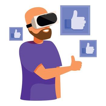 hombre dando pulgares arriba mientras experimentando virtual realidad con gustos vector
