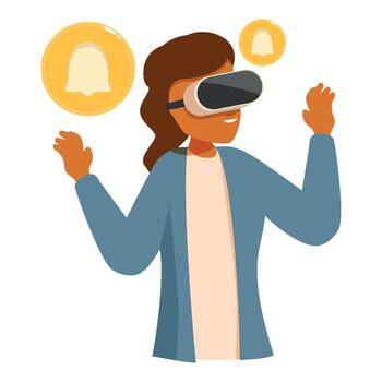 Woman using vr headset experiencing new notifications in metaverse vector