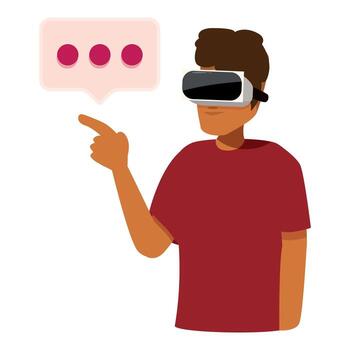 joven hombre utilizando virtual realidad auriculares es señalando a mensaje notificación vector