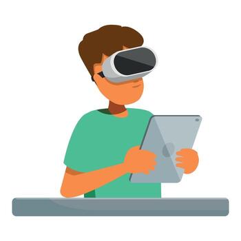 Software developer using virtual reality headset and tablet, working on metaverse project vector