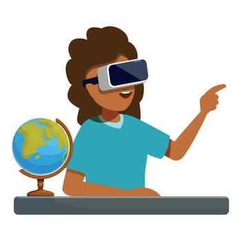 Student exploring world with virtual reality headset and globe vector