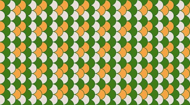Vibrant geometric pattern featuring overlapping scales in green, orange, and offwhite. Ideal for backgrounds, textiles, or website design. Evokes a sense of rhythm and natural harmony. vector