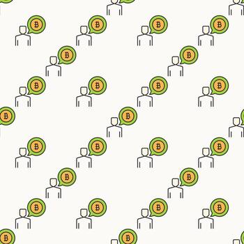 Man with BTC sign in Speech Bubble Investing in Bitcoin colored seamless pattern vector