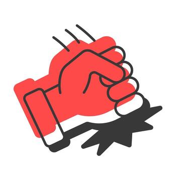 Fist of anger offset shadow line icon. Aggression expression. Threatening hand gesture. Punching opponent. Bold outline symbol with solid red fill. Modern flat illustration. Editable stroke vector