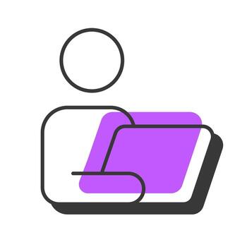 Person with laptop offset shadow line icon. User working on computer. Digital technology. Remote workplace. Bold outline symbol with solid purple fill. Modern flat illustration. Editable stroke vector