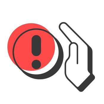Exclamation mark with hand offset shadow line icon. Informational support service. Warning notification. Bold outline symbol with solid red fill. Modern flat illustration. Editable stroke vector