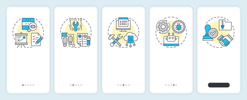Software testing life cycle onboarding mobile app screen. Walkthrough 5 steps editable graphic instructions with linear concepts. UI, UX, GUI vector