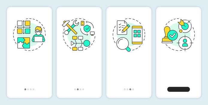 Software testing levels onboarding mobile app screen. Programming process. Walkthrough 4 steps editable graphic instructions with linear concepts. UI, UX, GUI vector