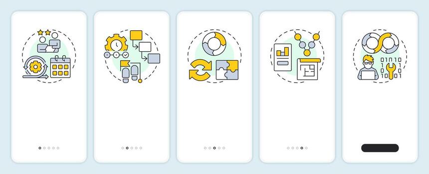 Software development life cycle models onboarding mobile app screen. Walkthrough 5 steps editable graphic instructions with linear concepts. UI, UX, GUI vector