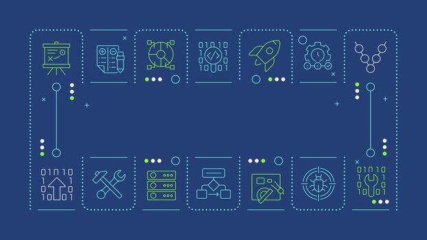 Software development blue word concept. Programming workflow, data organization. Bug analysis. Horizontal image. Headline text surrounded by editable outline icons vector