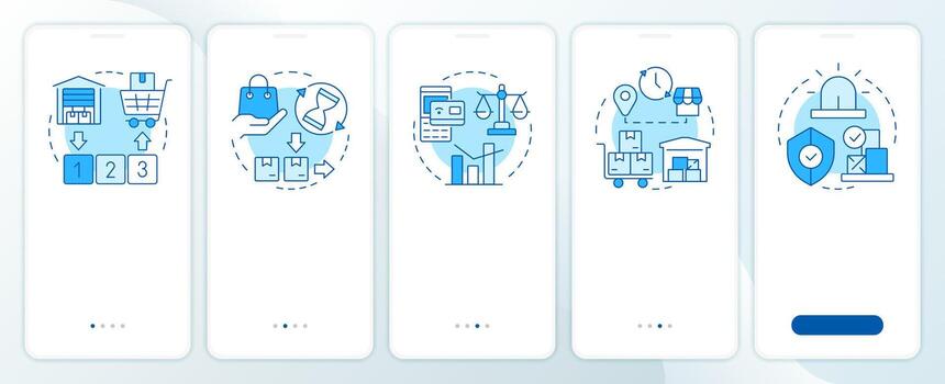 Inventory management methods techniques blue onboarding mobile app screen. Walkthrough 5 steps editable graphic instructions with linear concepts. UI, UX, GUI vector