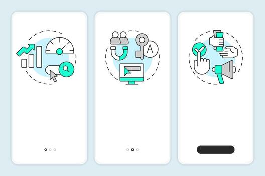 Search engine marketing onboarding mobile app screen. Lead generation. Walkthrough 3 steps editable graphic instructions with linear concepts. UI, UX, GUI vector