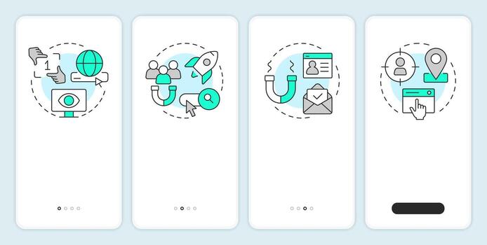 Search engine marketing benefits onboarding mobile app screen. Walkthrough 4 steps editable graphic instructions with linear concepts. UI, UX, GUI vector