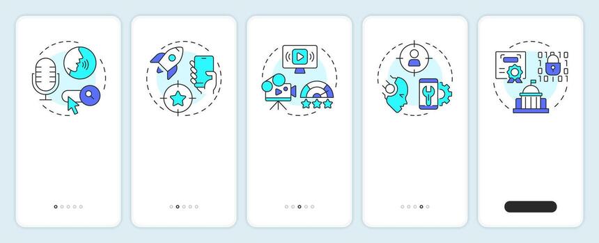 SEM future onboarding mobile app screen. marketing. Walkthrough 5 steps editable graphic instructions with linear concepts. UI, UX, GUI vector