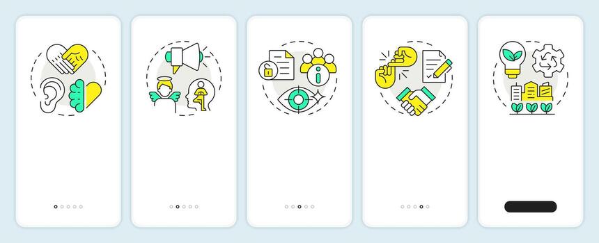 Corporate social responsibility pillars onboarding mobile app screen. Walkthrough 5 steps editable graphic instructions with linear concepts. UI, UX, GUI vector
