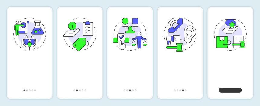 Consumer rights onboarding mobile app screen. Customer protection laws. Walkthrough 5 steps editable graphic instructions with linear concepts. UI, UX, GUI vector