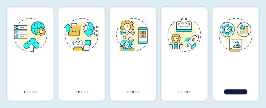 Digital technologies onboarding mobile app screen. Business processes. Walkthrough 5 steps editable graphic instructions with linear concepts. UI, UX, GUI vector