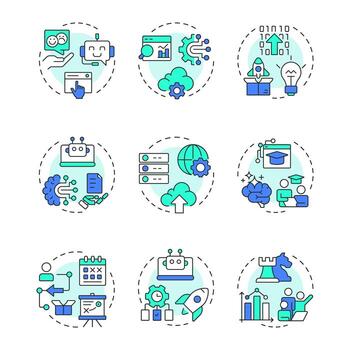 Digital transformation multi color concept icons. Business innovation, cloud technology. Icon pack. Round shape illustrations for infographic, presentation. Abstract idea vector