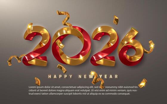 2026 Happy New Year Design with Gold and Red 3D Ribbon Numbers, Shiny Confetti, and Elegant Typography on a Soft Background. Perfect for Festive Use. Illustration vector
