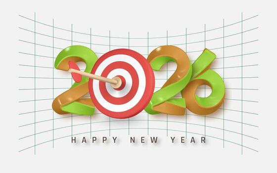 New Year 2026 Target Concept with Dartboard and Arrow Symbolizing Goals, Focus, and Success. Ideal for Business and Holiday Themes. Modern 3D Design. Illustration vector