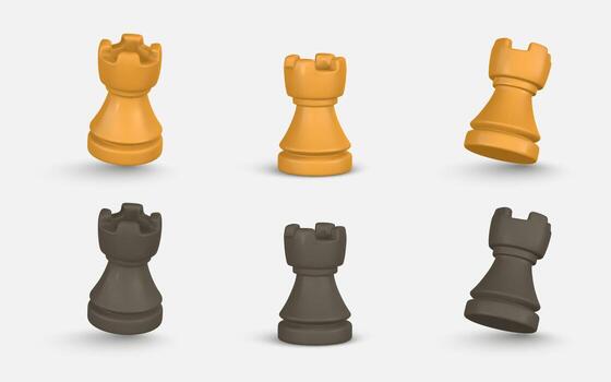 Chess Rook Pieces In 3D Style, Yellow And Black Game Elements On White Background. Clean Isometric Look For Strategy And Logic Themes. Illustration vector