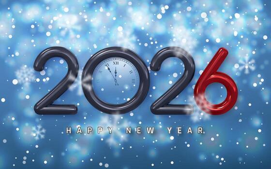 New Year 2026 Countdown With Clock Inside Numbers, Snowy Background, Sparkling Lights, And Festive Atmosphere. Perfect For Holiday Projects. Illustration vector