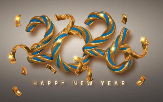 2026 New Year Celebration Design with Twisted Gold and Blue Glossy Ribbon Numbers, Sparkling Confetti, and Festive Elegant Style on Gradient Background. Illustration vector