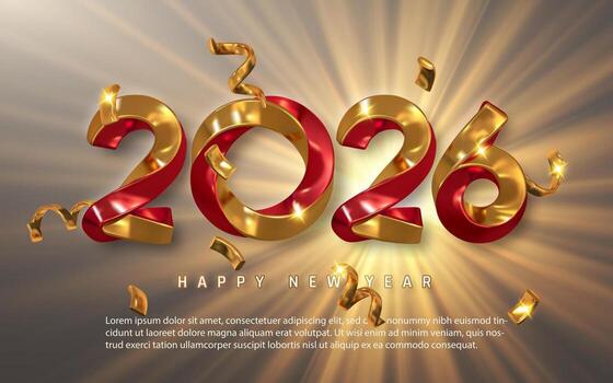 lujo 2026 nuevo año diseño con brillante dorado y rojo 3d números, espumoso papel picado, y ligero rayos en elegante antecedentes. Perfecto festivo modelo. ilustración vector