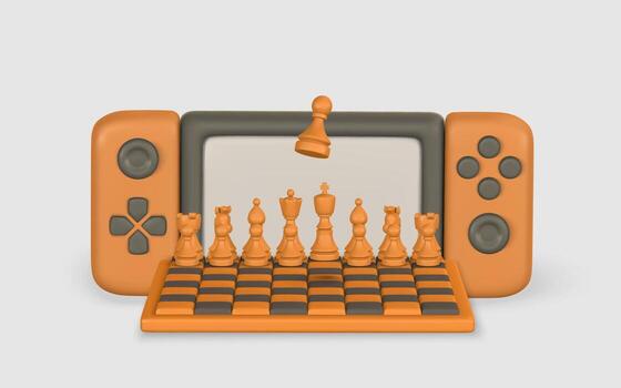 ajedrez juego en portátil consola con moderno 3d dibujos animados estilo, naranja tonos, y juguetón interfaz. Perfecto para juego de azar, estrategia, o educación temas ilustración vector