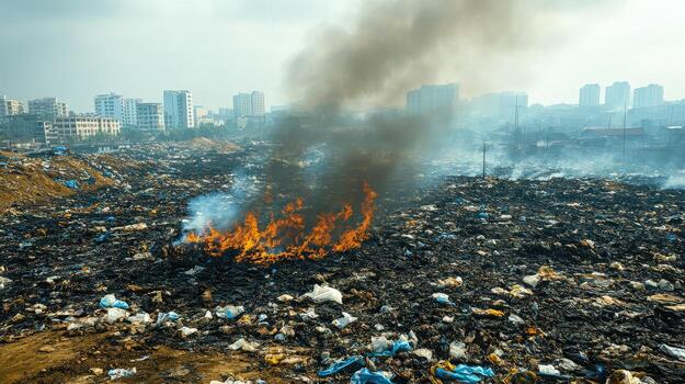 A large landfill fire burns amidst a vast expanse of garbage, with a cityscape visible in the background, highlighting the environmental consequences of waste management issues in urban areas. photo