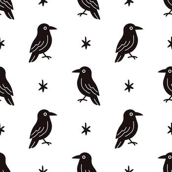 sin costura modelo con negro cuervo y estrellas aislado en blanco antecedentes. misterioso y escalofriante Víspera de Todos los Santos diseño para envase, textil y oscuro decoración. brujería y magia impresión. vector