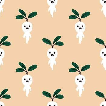 sin costura modelo con mandrágora raíz con linda triste caras aislado en beige. mágico Víspera de Todos los Santos impresión para textil, envase, y otoño decoración. brujería modelo. vector