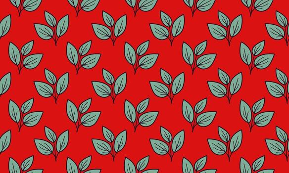 Vibrant teal leaves on a bold red background create a striking, repeating pattern. Perfect for textiles, websites, or packaging, this design evokes natures simplicity and elegance. vector