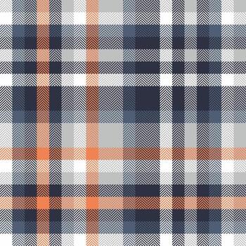 Classic plaid pattern with herringbone texture. Seamless design in blue, gray, and orange. Ideal for fabric, textiles, backgrounds, and creative projects. vector