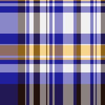 Geometric plaid design with intersecting lines in blue, grey, gold, and white. Versatile for backgrounds, textiles, or abstract artistic compositions. vector