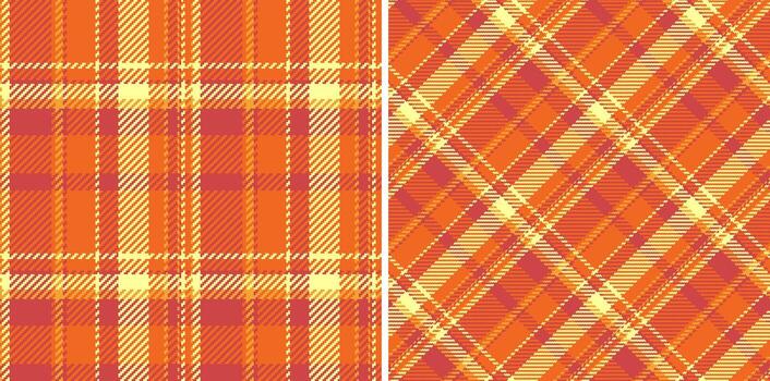 Warm, inviting plaid patterns in orange hues. Seamless and versatile, ideal for textiles, backgrounds, and autumnal designs. Two variations for creative use. vector