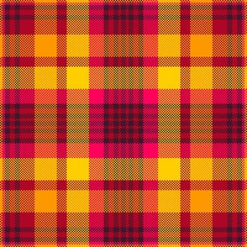 Vibrant pixelated plaid pattern. Red, yellow, and orange squares create a warm, retroinspired design. Great for backgrounds, textiles, and abstract concepts. vector