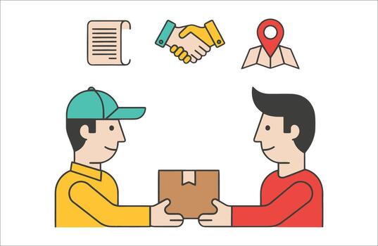 Delivery Person Handing a Package to a Customer with Icons of Document Handshake and Map shipping vector