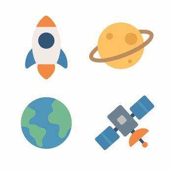 plano diseño espacio exploración conjunto planeta cohete y satélite icono vector