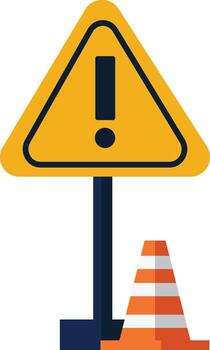 Yellow triangular warning sign with exclamation point and an orange traffic cone. vector